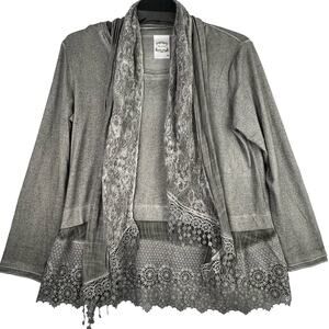 Fleur De Lis 2PC Layered Lace LAGENLOOK Long Sleeve Gray Top & Matching Scarf